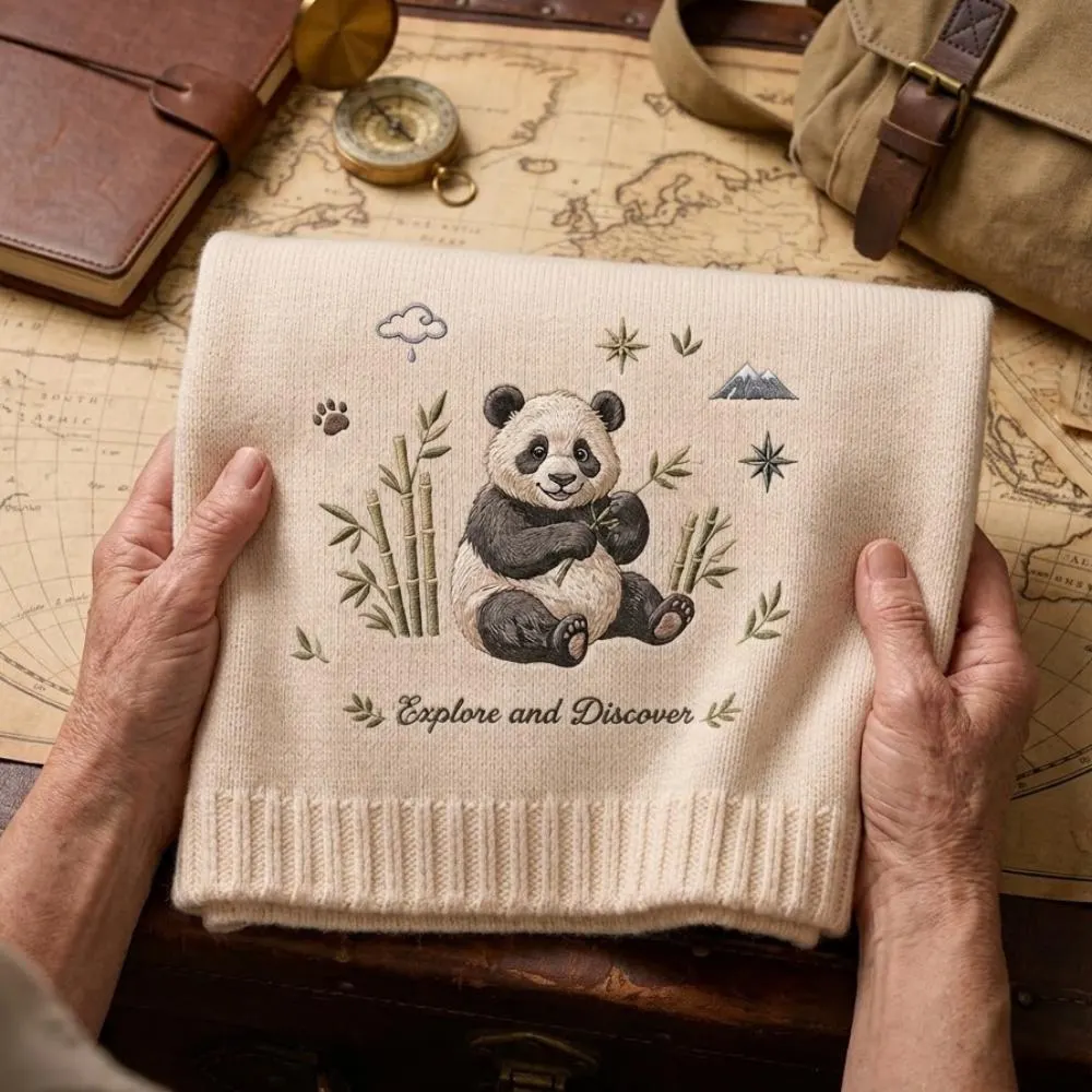 Embroidered Panda Baby Blanket, "Explore and Discover" Knit Throw, Bamboo Bear Adventure Nursery Decor, Personalized New Baby Gift YB1603 - Media 4