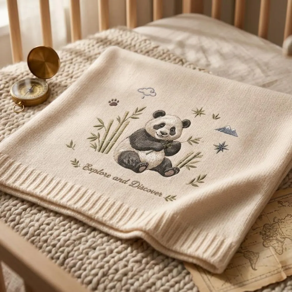 Embroidered Panda Baby Blanket, "Explore and Discover" Knit Throw, Bamboo Bear Adventure Nursery Decor, Personalized New Baby Gift YB1603 - Media 5