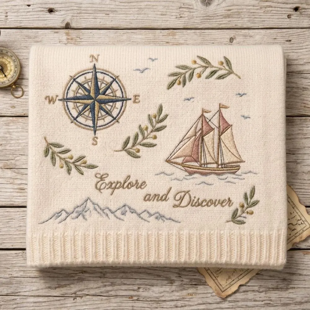 Nautical Embroidered Throw Blanket, "Explore and Discover" Adventure Gift, Sailing Ship & Compass Knit Throw, Coastal Home Decor YB1603