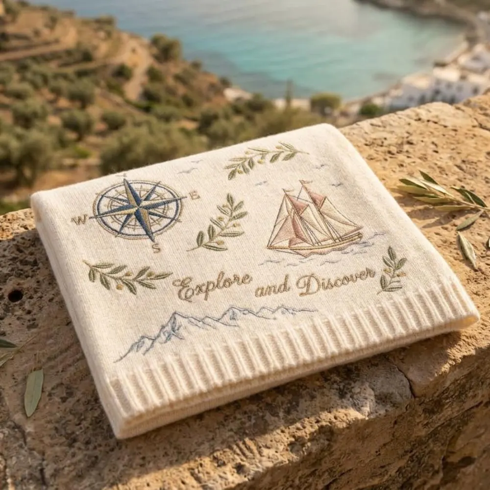 Nautical Embroidered Throw Blanket, "Explore and Discover" Adventure Gift, Sailing Ship & Compass Knit Throw, Coastal Home Decor YB1603 - Media 2