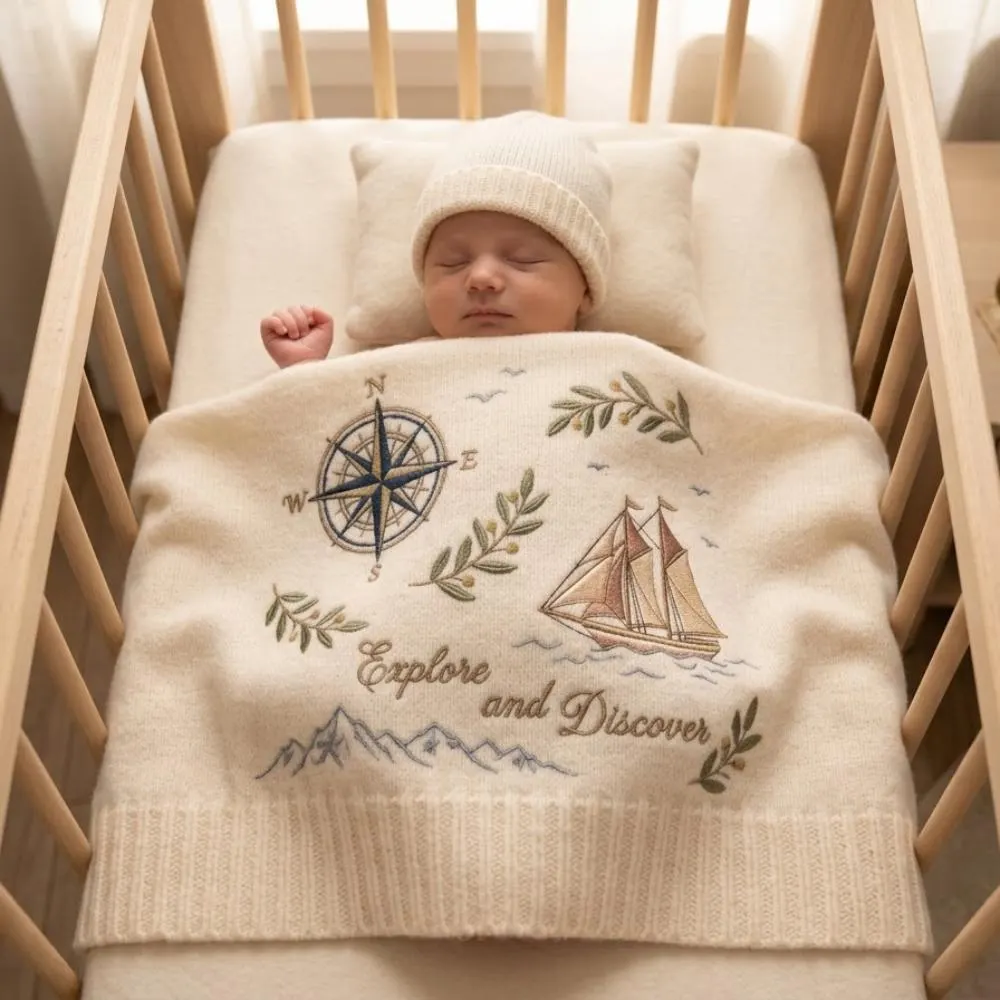 Nautical Embroidered Throw Blanket, "Explore and Discover" Adventure Gift, Sailing Ship & Compass Knit Throw, Coastal Home Decor YB1603 - Media 3