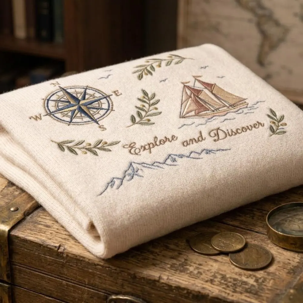 Nautical Embroidered Throw Blanket, "Explore and Discover" Adventure Gift, Sailing Ship & Compass Knit Throw, Coastal Home Decor YB1603 - Media 4