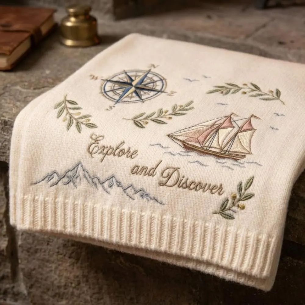 Nautical Embroidered Throw Blanket, "Explore and Discover" Adventure Gift, Sailing Ship & Compass Knit Throw, Coastal Home Decor YB1603 - Media 5
