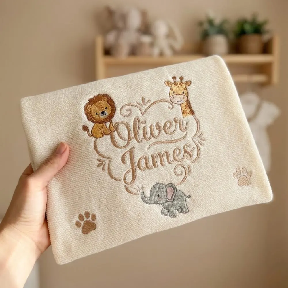 Personalized Safari Baby Blanket, Custom Embroidered Knit Blanket with Lion Giraffe Elephant, Jungle Nursery Decor YB1603