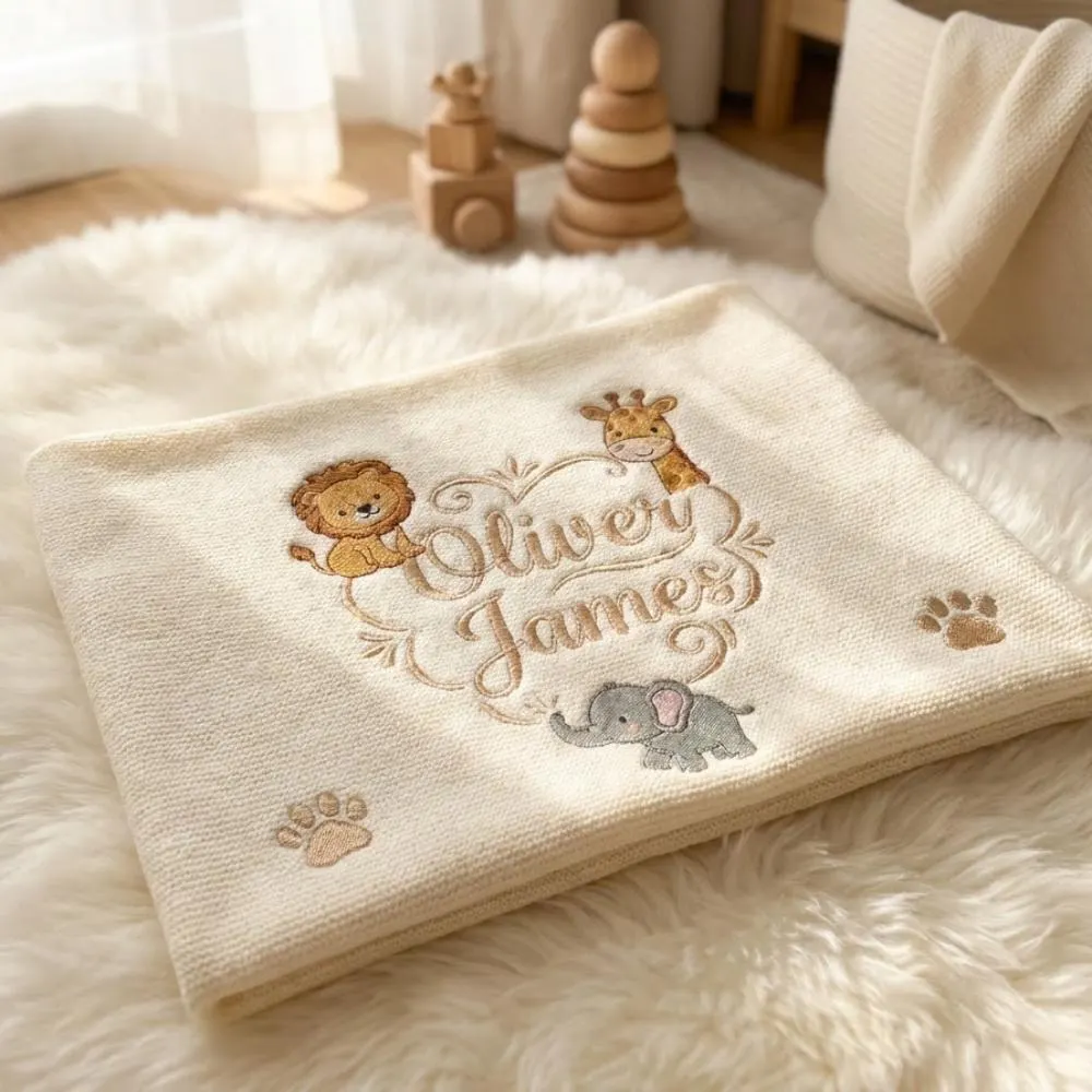 Personalized Safari Baby Blanket, Custom Embroidered Knit Blanket with Lion Giraffe Elephant, Jungle Nursery Decor YB1603 - Media 2