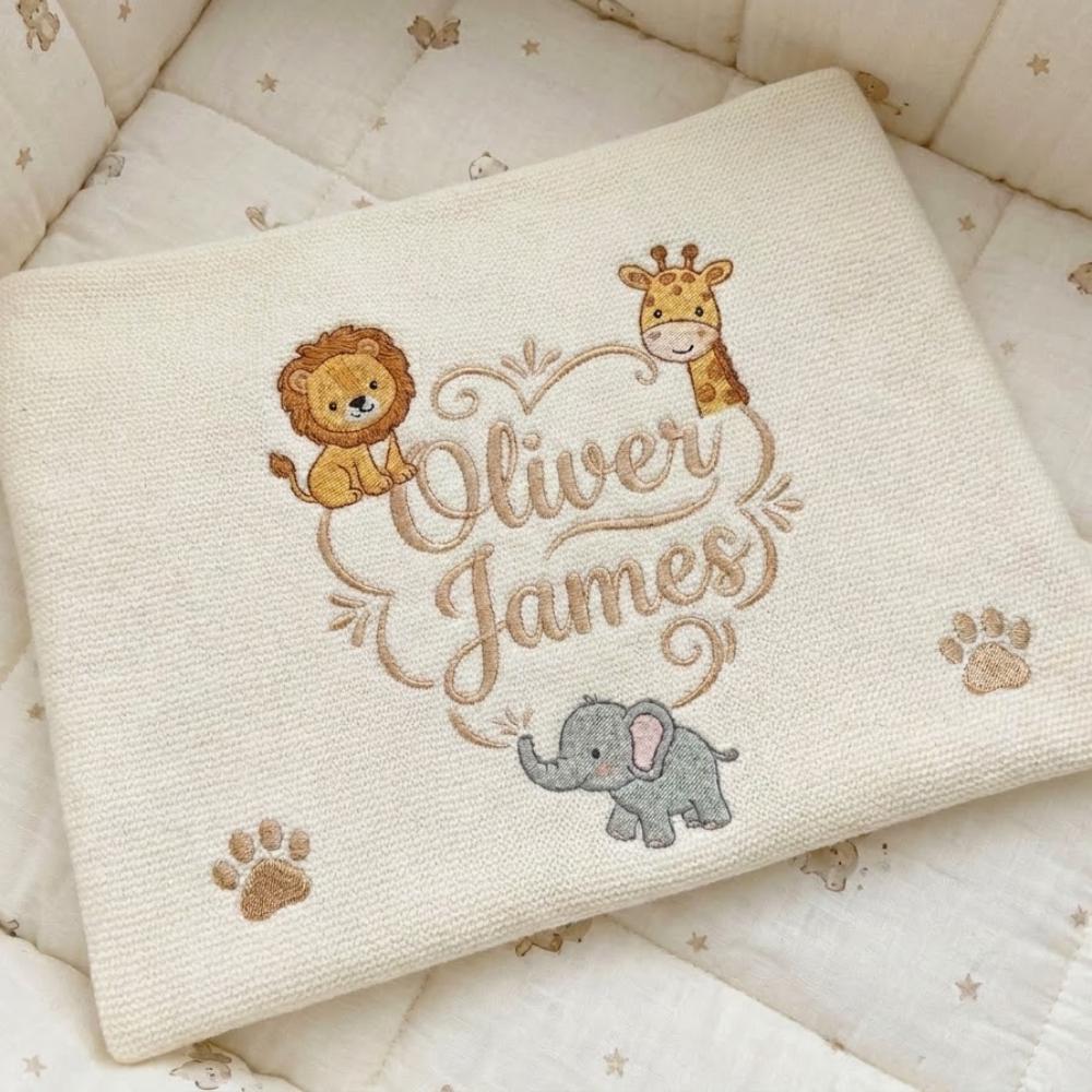 Personalized Safari Baby Blanket, Custom Embroidered Knit Blanket with Lion Giraffe Elephant, Jungle Nursery Decor YB1603 - Media 3