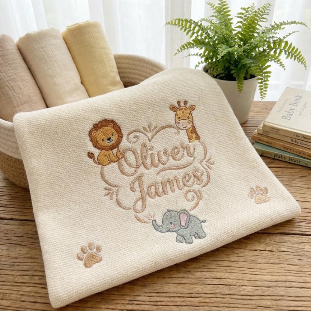 Personalized Safari Baby Blanket, Custom Embroidered Knit Blanket with Lion Giraffe Elephant, Jungle Nursery Decor YB1603 - Media 4