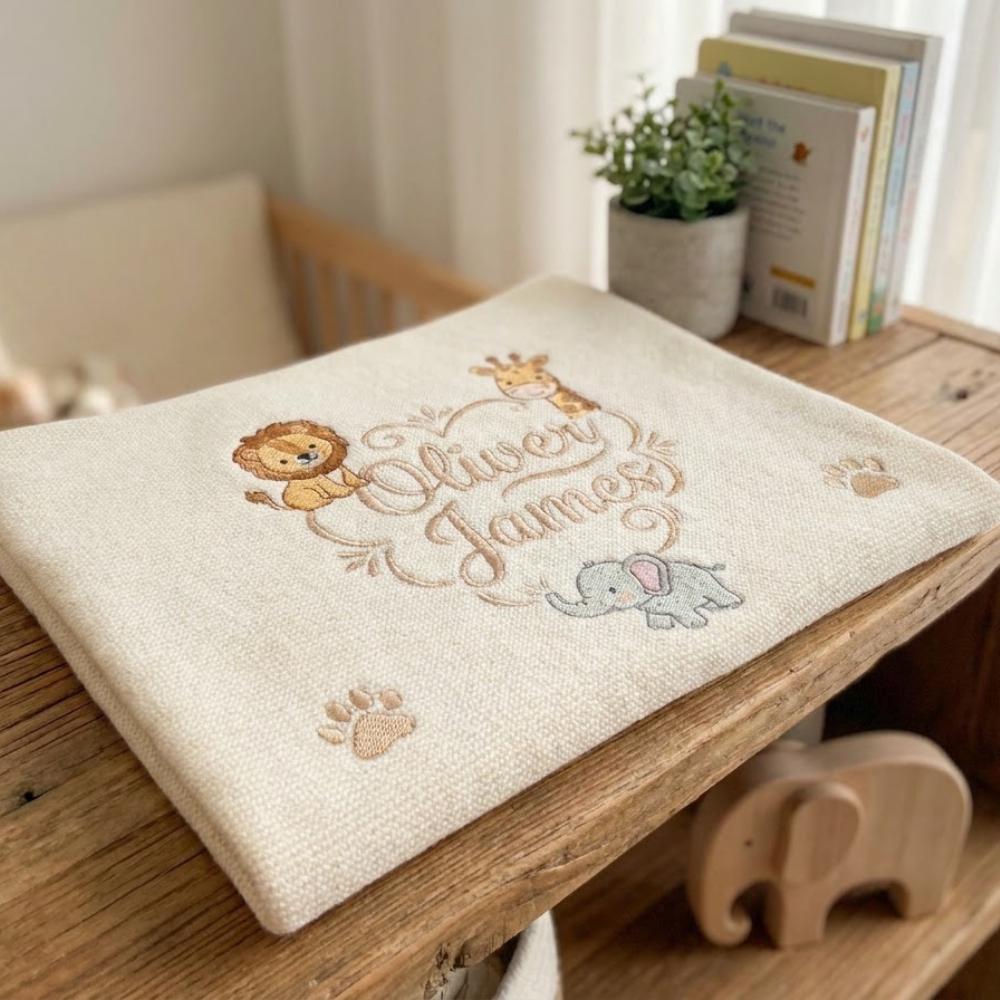Personalized Safari Baby Blanket, Custom Embroidered Knit Blanket with Lion Giraffe Elephant, Jungle Nursery Decor YB1603 - Media 5