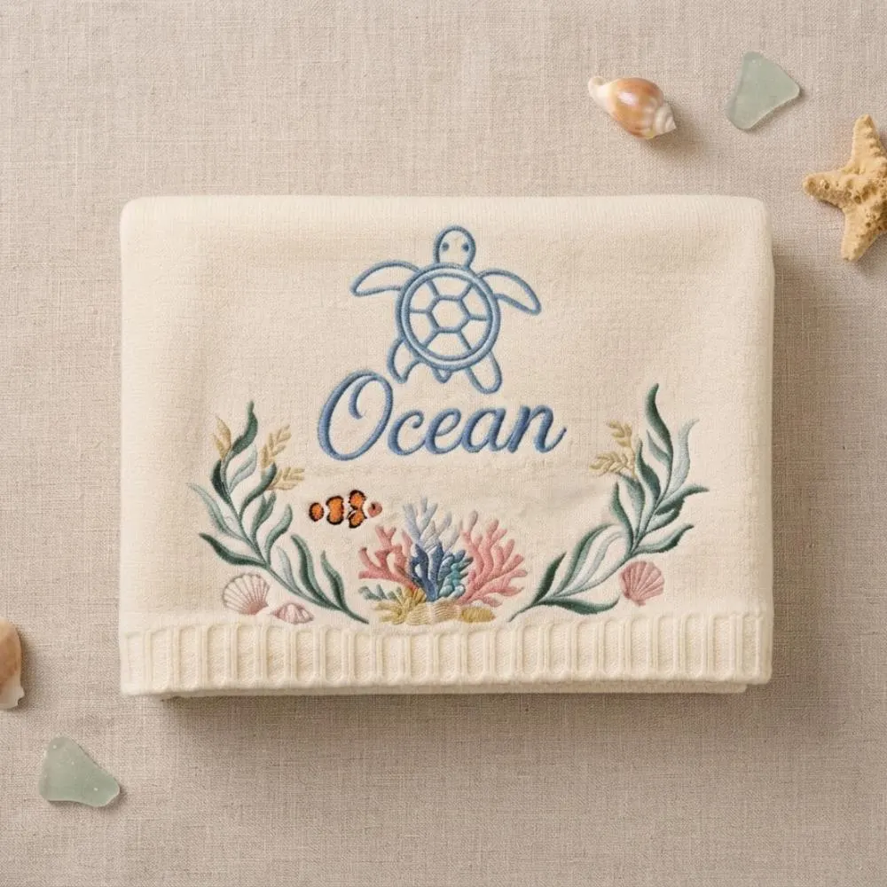 Custom Name Baby Blanket, Under the Sea Embroidered Sea Turtle & Clownfish, Coastal Nursery Bedding, Personalized Baby Shower Gift YB1603