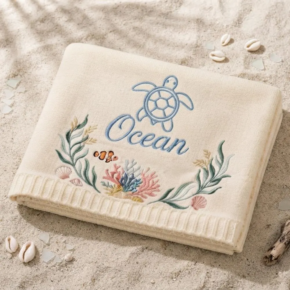 Custom Name Baby Blanket, Under the Sea Embroidered Sea Turtle & Clownfish, Coastal Nursery Bedding, Personalized Baby Shower Gift YB1603 - Media 2
