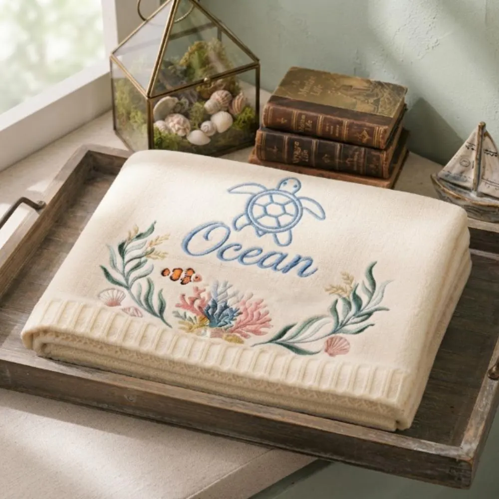 Custom Name Baby Blanket, Under the Sea Embroidered Sea Turtle & Clownfish, Coastal Nursery Bedding, Personalized Baby Shower Gift YB1603 - Media 4