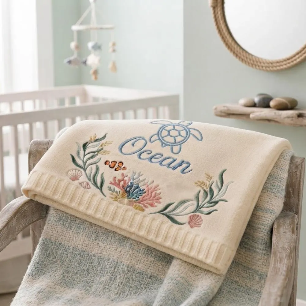 Custom Name Baby Blanket, Under the Sea Embroidered Sea Turtle & Clownfish, Coastal Nursery Bedding, Personalized Baby Shower Gift YB1603 - Media 5