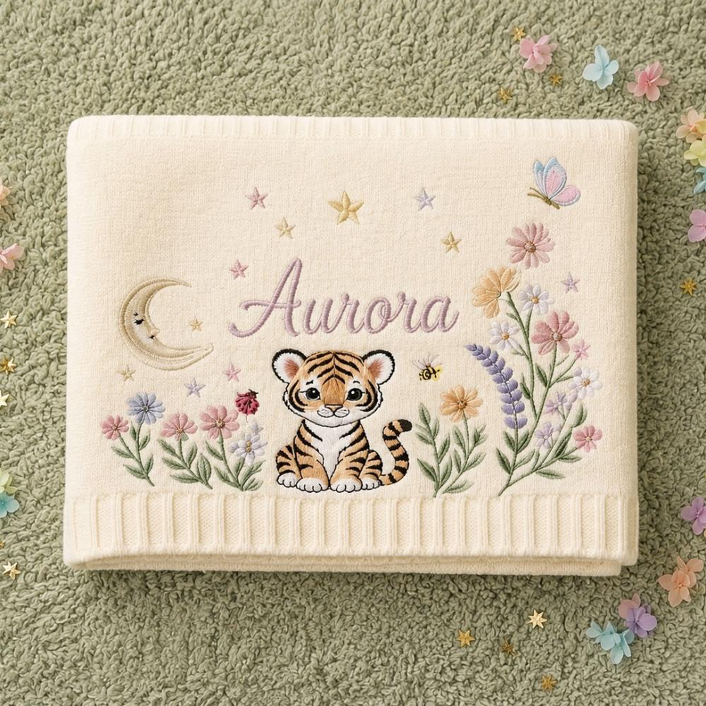 Personalized Baby Blanket with Name, Custom Embroidered Baby Tiger and Wildflowers, Safari Moon and Stars Knitted Blanket YB1603