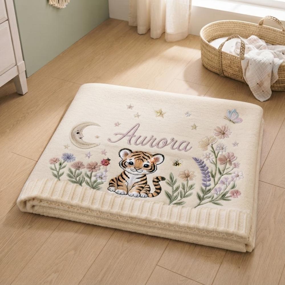 Personalized Baby Blanket with Name, Custom Embroidered Baby Tiger and Wildflowers, Safari Moon and Stars Knitted Blanket YB1603 - Media 2