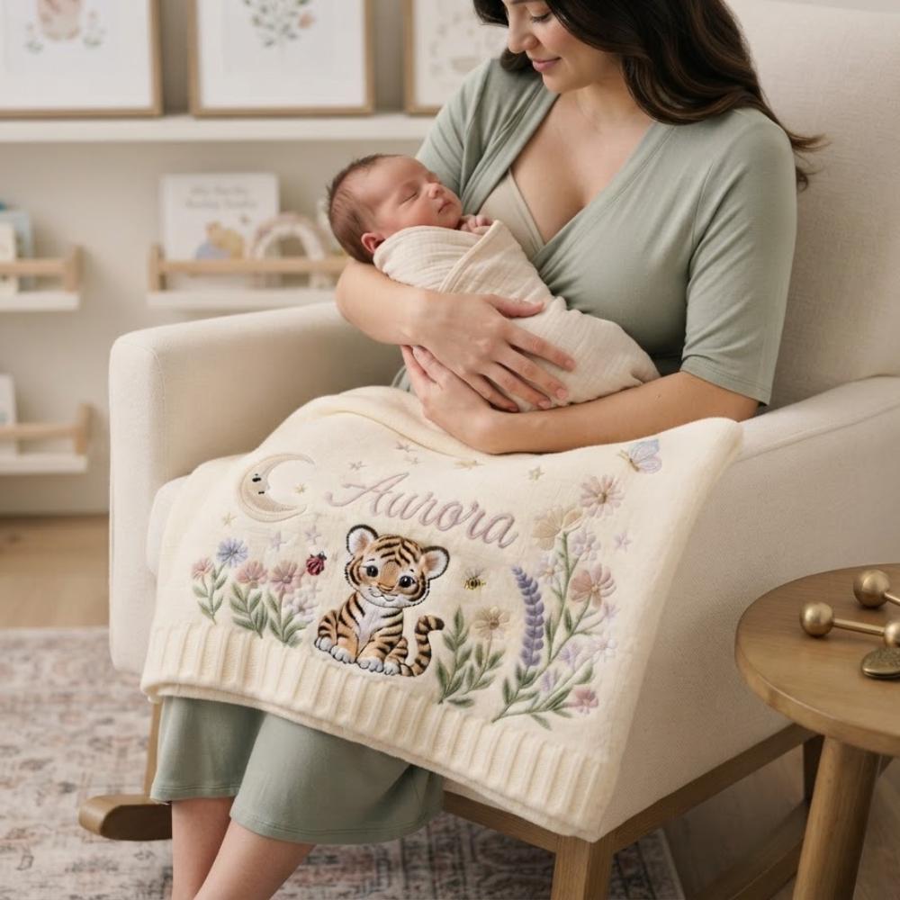 Personalized Baby Blanket with Name, Custom Embroidered Baby Tiger and Wildflowers, Safari Moon and Stars Knitted Blanket YB1603 - Media 3