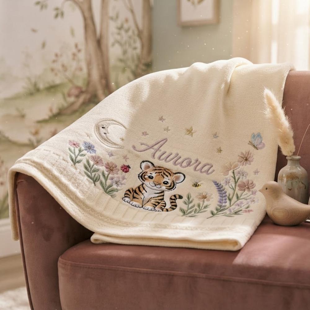 Personalized Baby Blanket with Name, Custom Embroidered Baby Tiger and Wildflowers, Safari Moon and Stars Knitted Blanket YB1603 - Media 4