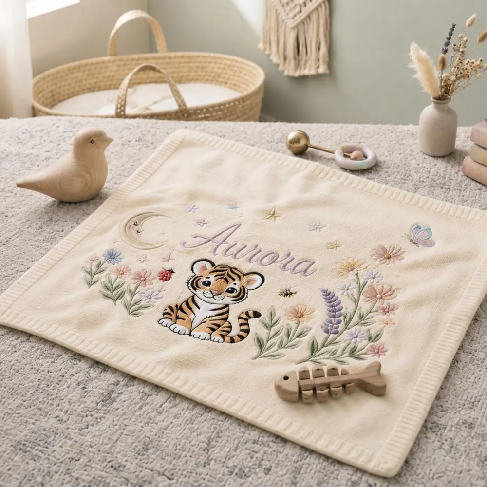 Personalized Baby Blanket with Name, Custom Embroidered Baby Tiger and Wildflowers, Safari Moon and Stars Knitted Blanket YB1603 - Media 5