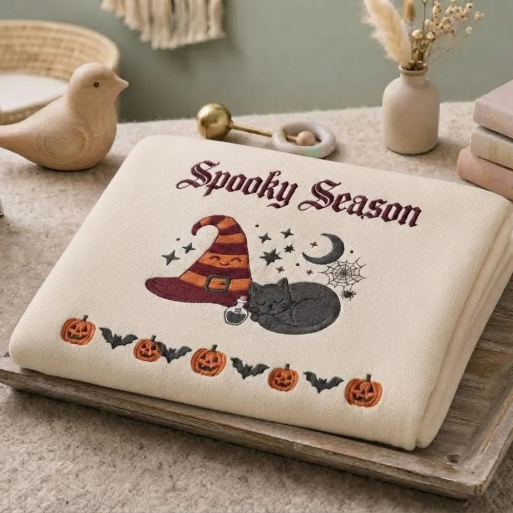 Spooky Season Halloween Blanket, Embroidered Witch Hat and Black Cat, Pumpkin and Bat Autumn Decor, Gothic Witchy Nursery Blanket YB1603