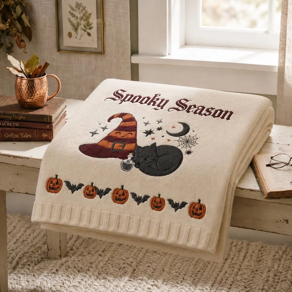 Spooky Season Halloween Blanket, Embroidered Witch Hat and Black Cat, Pumpkin and Bat Autumn Decor, Gothic Witchy Nursery Blanket YB1603 - Media 2