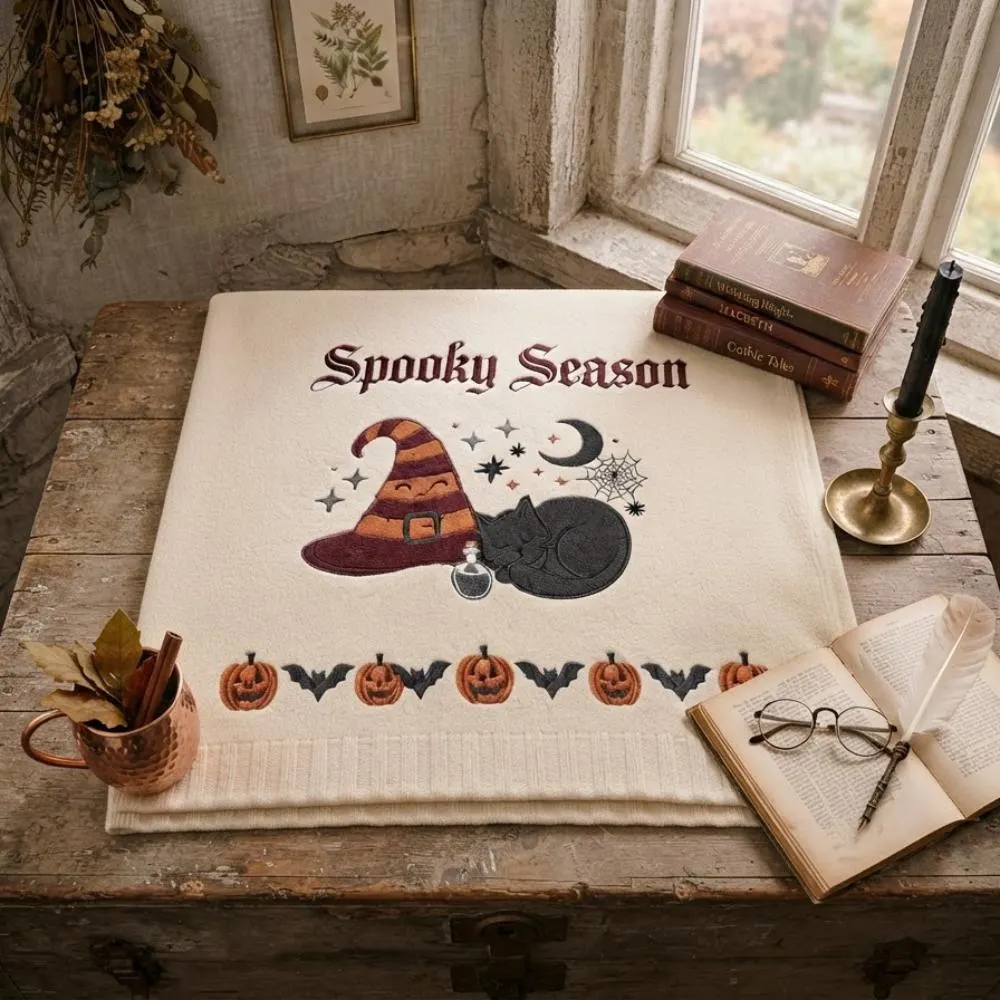 Spooky Season Halloween Blanket, Embroidered Witch Hat and Black Cat, Pumpkin and Bat Autumn Decor, Gothic Witchy Nursery Blanket YB1603 - Media 3