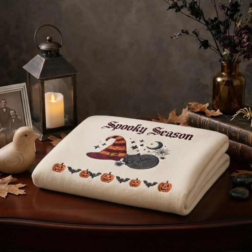 Spooky Season Halloween Blanket, Embroidered Witch Hat and Black Cat, Pumpkin and Bat Autumn Decor, Gothic Witchy Nursery Blanket YB1603 - Media 4
