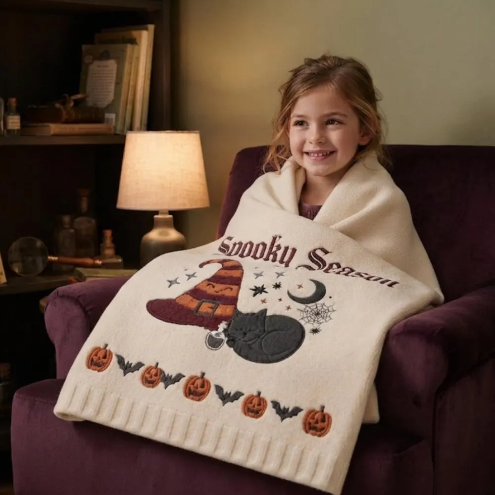 Spooky Season Halloween Blanket, Embroidered Witch Hat and Black Cat, Pumpkin and Bat Autumn Decor, Gothic Witchy Nursery Blanket YB1603 - Media 5