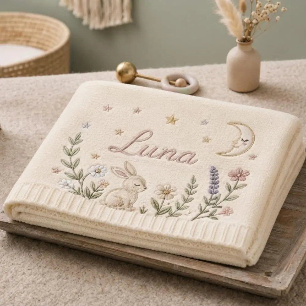 Personalized Baby Blanket with Name, Custom Embroidered Bunny and Wildflowers, Woodland Moon and Stars Knitted Blanket YB1603