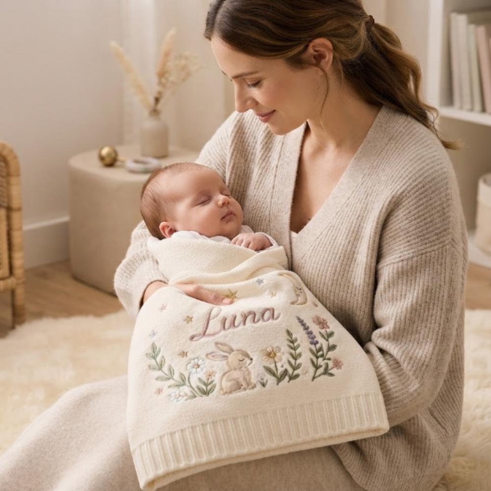 Personalized Baby Blanket with Name, Custom Embroidered Bunny and Wildflowers, Woodland Moon and Stars Knitted Blanket YB1603 - Media 2