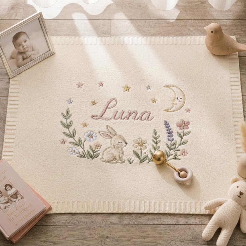 Personalized Baby Blanket with Name, Custom Embroidered Bunny and Wildflowers, Woodland Moon and Stars Knitted Blanket YB1603 - Media 3