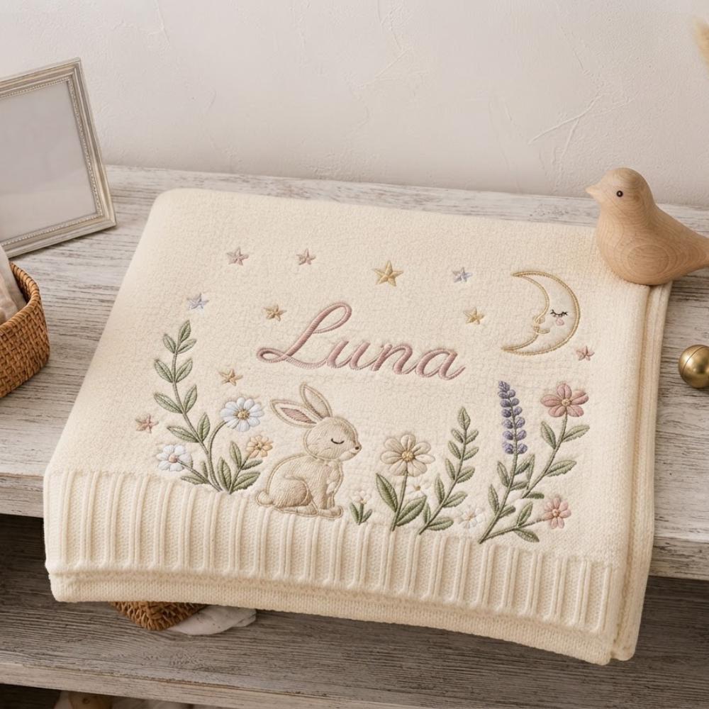 Personalized Baby Blanket with Name, Custom Embroidered Bunny and Wildflowers, Woodland Moon and Stars Knitted Blanket YB1603 - Media 4