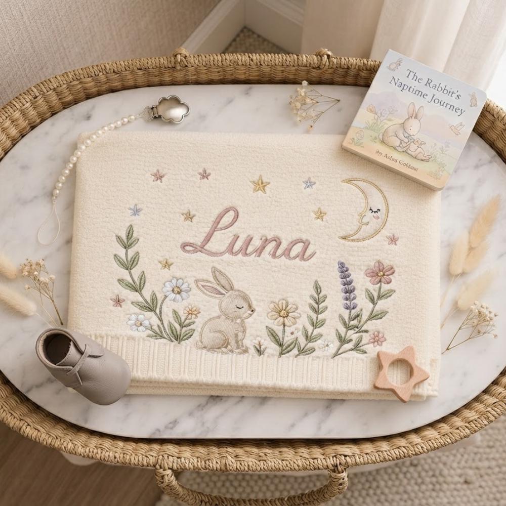 Personalized Baby Blanket with Name, Custom Embroidered Bunny and Wildflowers, Woodland Moon and Stars Knitted Blanket YB1603 - Media 5