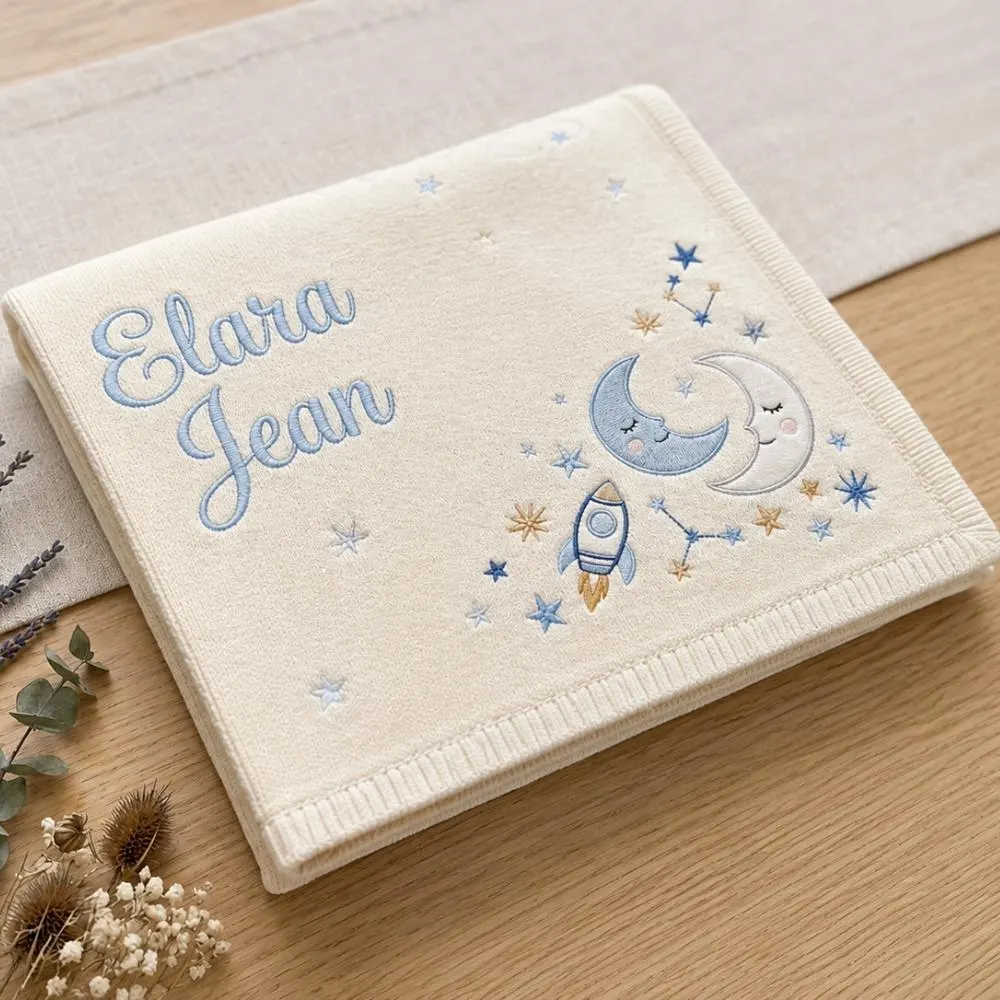 Personalized Baby Blanket with Name, Custom Embroidered Celestial Moon and Stars, Rocket Ship Knitted Baby Gift YB1603