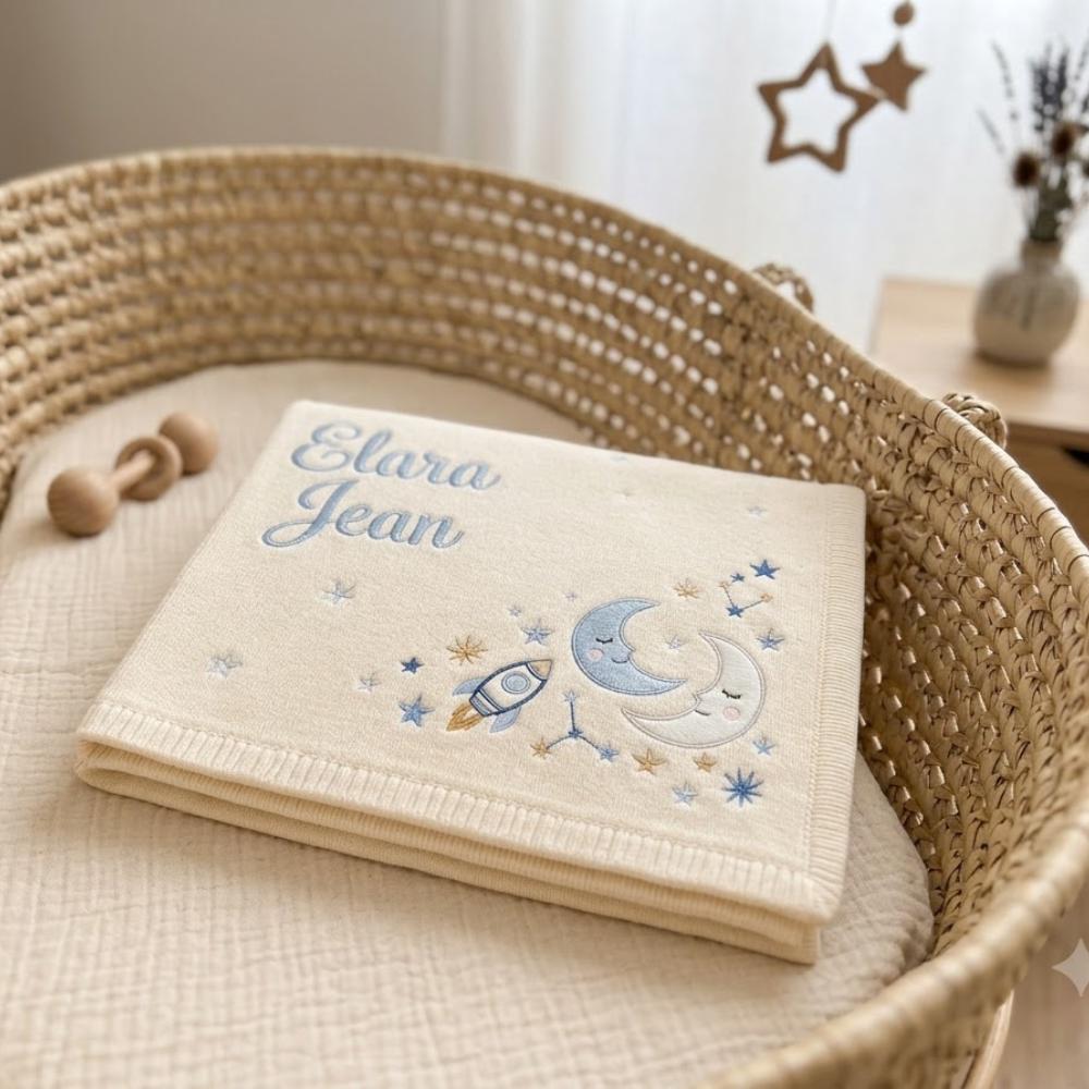 Personalized Baby Blanket with Name, Custom Embroidered Celestial Moon and Stars, Rocket Ship Knitted Baby Gift YB1603 - Media 2