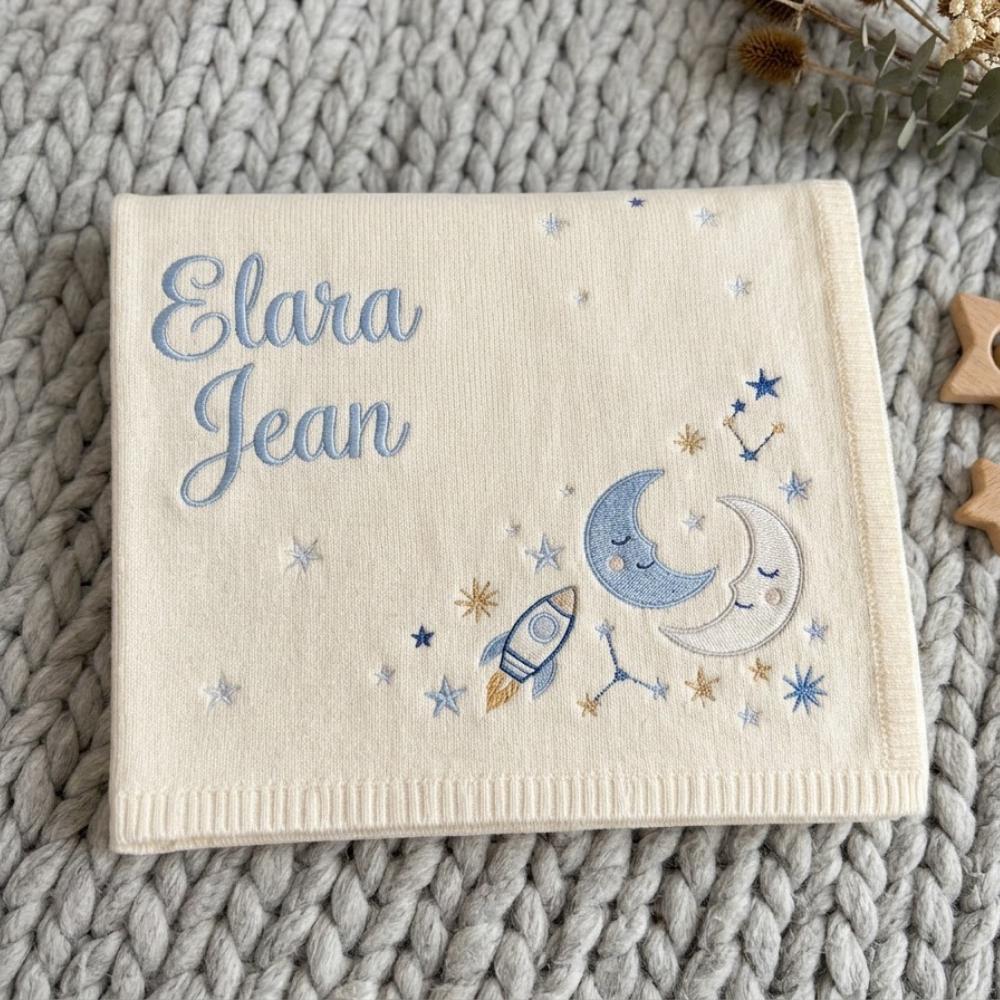 Personalized Baby Blanket with Name, Custom Embroidered Celestial Moon and Stars, Rocket Ship Knitted Baby Gift YB1603 - Media 3