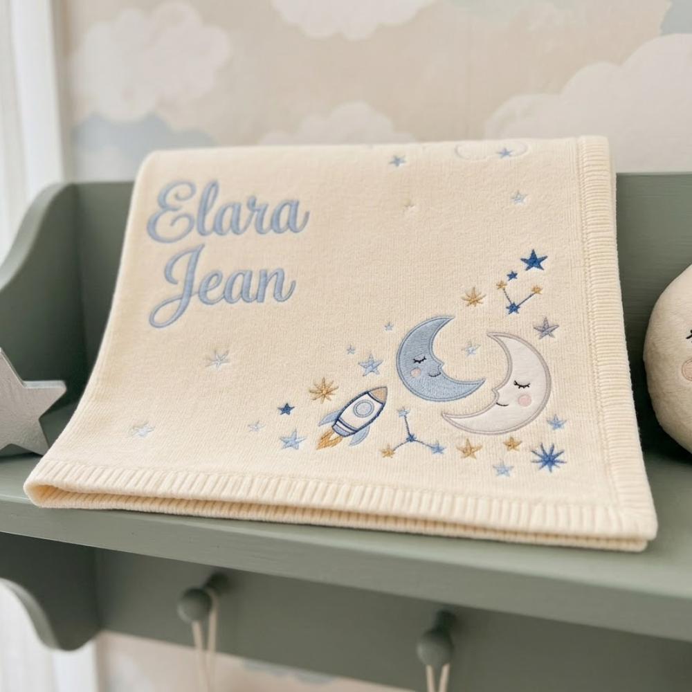Personalized Baby Blanket with Name, Custom Embroidered Celestial Moon and Stars, Rocket Ship Knitted Baby Gift YB1603 - Media 4