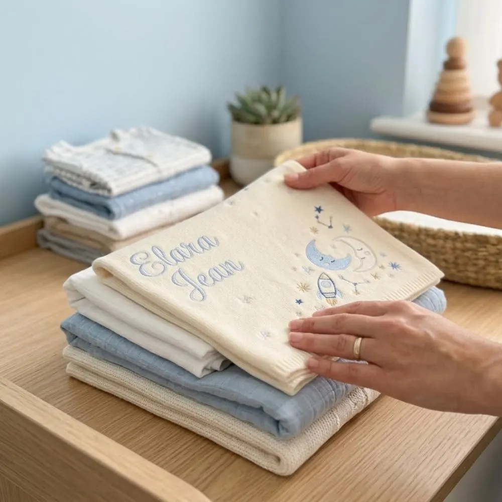 Personalized Baby Blanket with Name, Custom Embroidered Celestial Moon and Stars, Rocket Ship Knitted Baby Gift YB1603 - Media 5