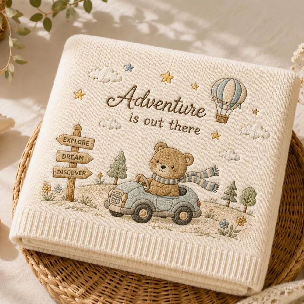 Adventure is Out There Baby Blanket, Embroidered Teddy Bear & Car Nursery Decor, Hot Air Balloon Newborn Gift YB1603