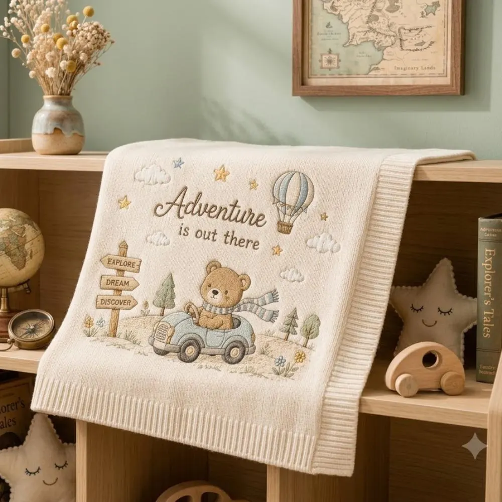 Adventure is Out There Baby Blanket, Embroidered Teddy Bear & Car Nursery Decor, Hot Air Balloon Newborn Gift YB1603 - Media 2