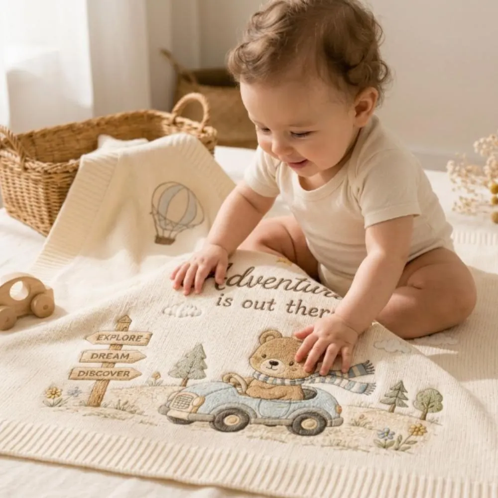 Adventure is Out There Baby Blanket, Embroidered Teddy Bear & Car Nursery Decor, Hot Air Balloon Newborn Gift YB1603 - Media 3