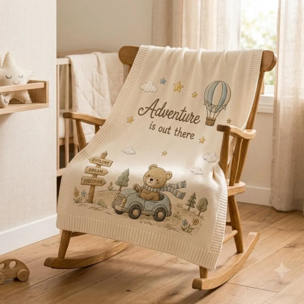 Adventure is Out There Baby Blanket, Embroidered Teddy Bear & Car Nursery Decor, Hot Air Balloon Newborn Gift YB1603 - Media 4
