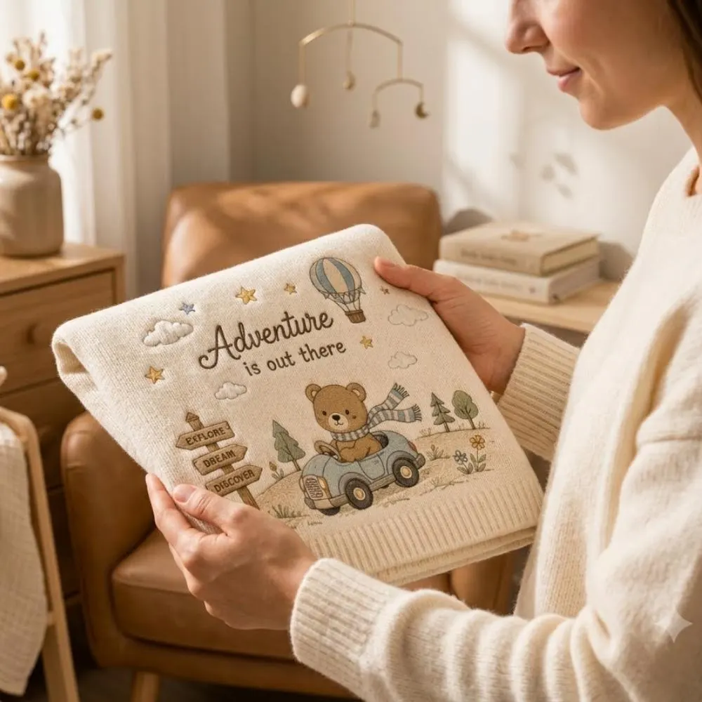 Adventure is Out There Baby Blanket, Embroidered Teddy Bear & Car Nursery Decor, Hot Air Balloon Newborn Gift YB1603 - Media 5