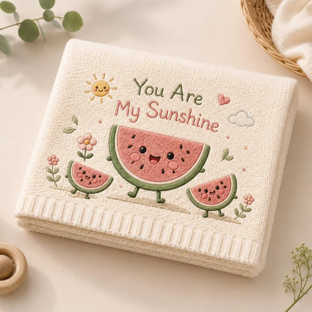 You Are My Sunshine Watermelon Baby Blanket, Embroidered Knit Nursery Throw, Cute Summer Fruit Newborn Gift, Baby Shower Keepsake YB1603