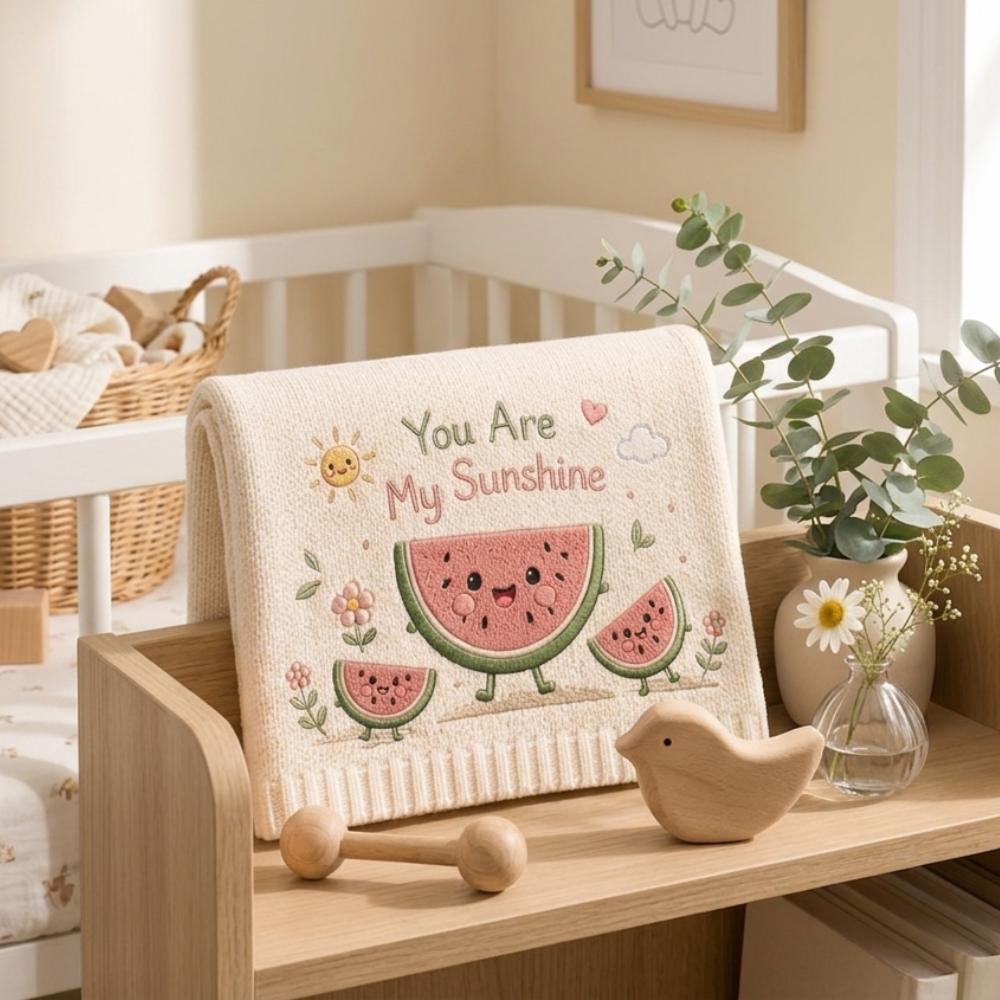 You Are My Sunshine Watermelon Baby Blanket, Embroidered Knit Nursery Throw, Cute Summer Fruit Newborn Gift, Baby Shower Keepsake YB1603 - Media 2