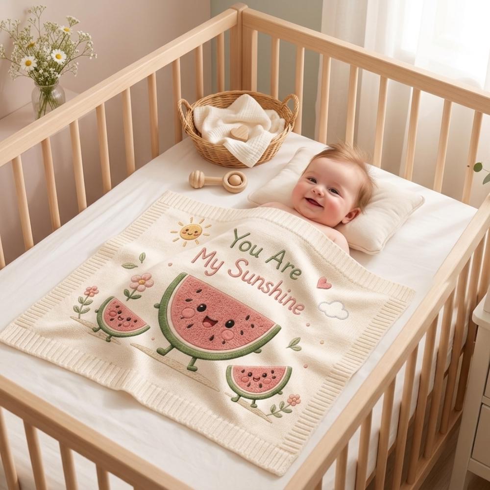 You Are My Sunshine Watermelon Baby Blanket, Embroidered Knit Nursery Throw, Cute Summer Fruit Newborn Gift, Baby Shower Keepsake YB1603 - Media 4