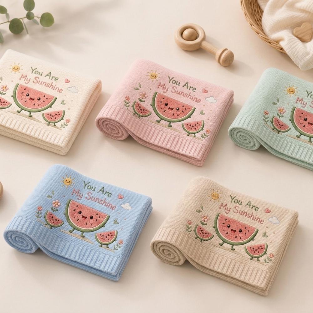 You Are My Sunshine Watermelon Baby Blanket, Embroidered Knit Nursery Throw, Cute Summer Fruit Newborn Gift, Baby Shower Keepsake YB1603 - Media 5
