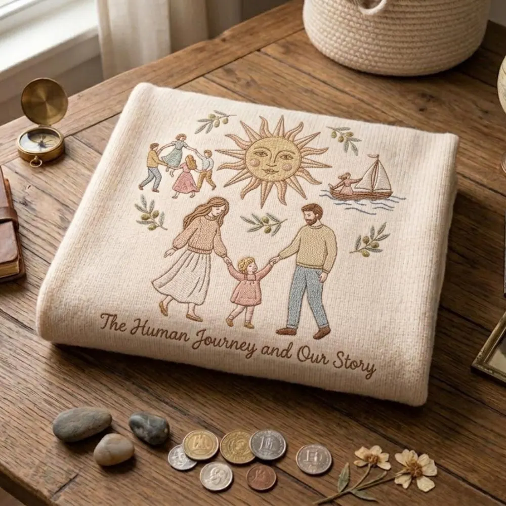The Human Journey, Embroidered Family Blanket, Sentimental Heirloom Keepsake Throw, Folk Art Storytelling Gift YB1603