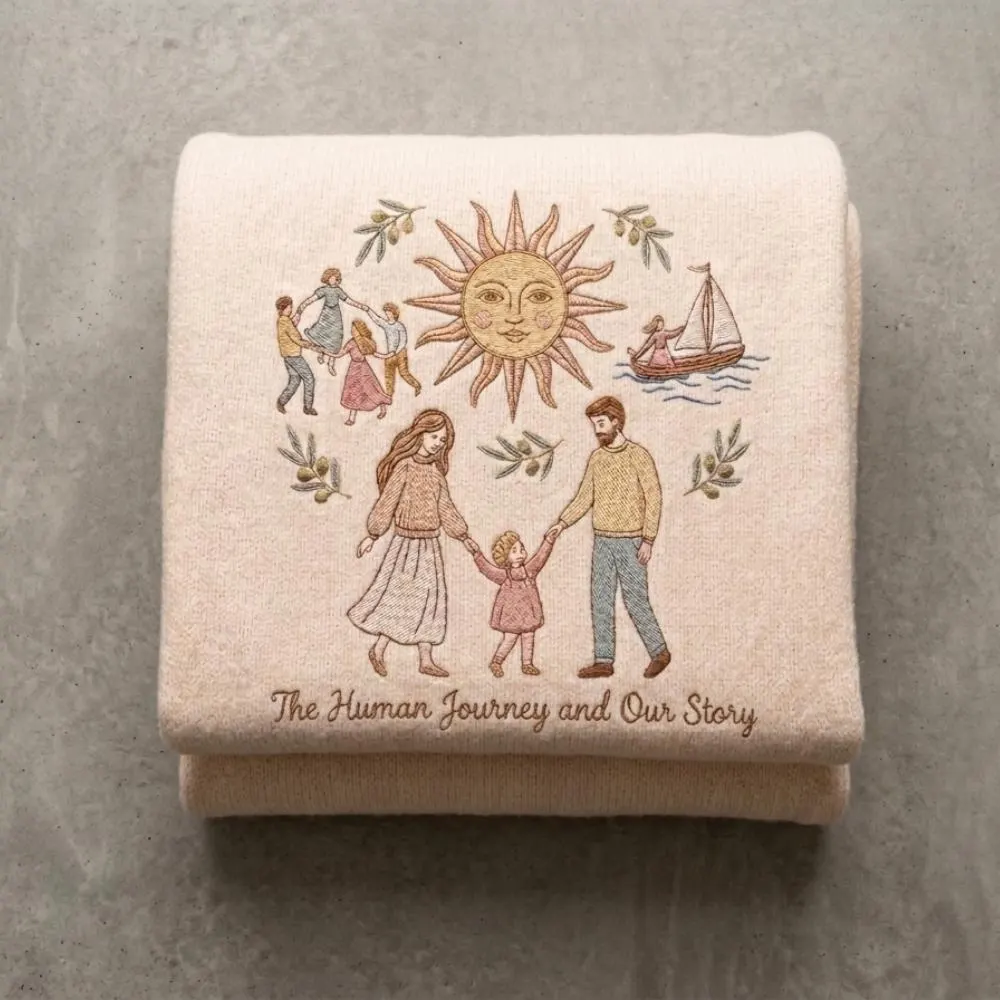The Human Journey, Embroidered Family Blanket, Sentimental Heirloom Keepsake Throw, Folk Art Storytelling Gift YB1603 - Media 2