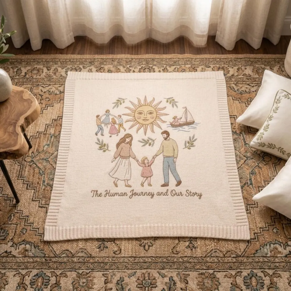 The Human Journey, Embroidered Family Blanket, Sentimental Heirloom Keepsake Throw, Folk Art Storytelling Gift YB1603 - Media 3