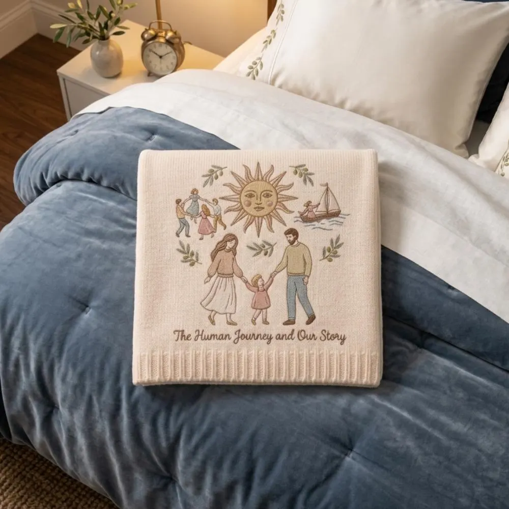The Human Journey, Embroidered Family Blanket, Sentimental Heirloom Keepsake Throw, Folk Art Storytelling Gift YB1603 - Media 4