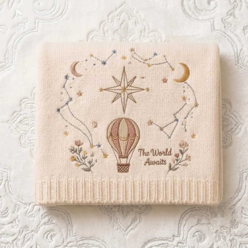 The World Awaits Embroidered Baby Blanket, Hot Air Balloon & Celestial Nursery Decor, Gender Neutral Newborn Gift, YB1603